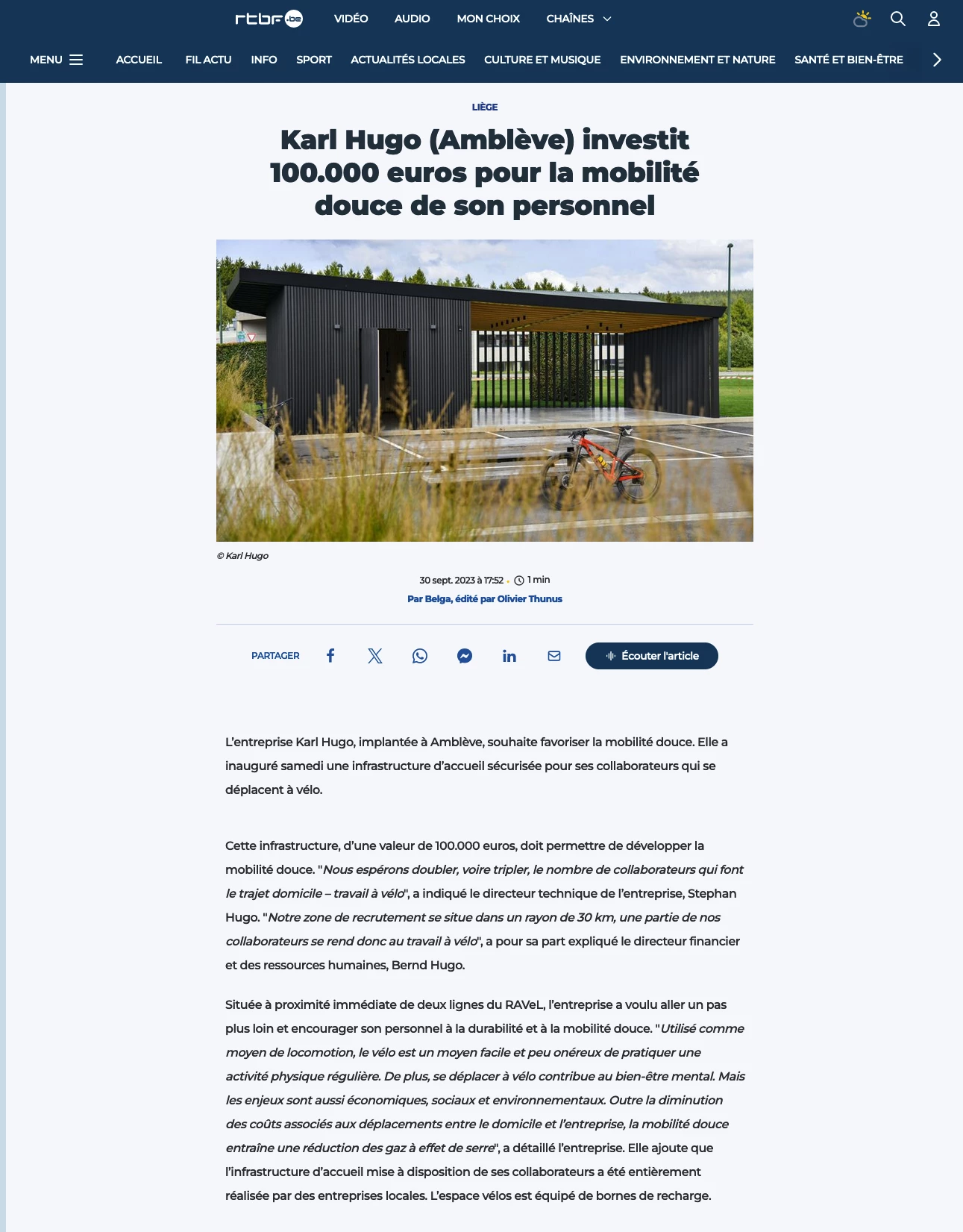 Karl Hugo (Amblève) investit 100.000 euros pour la mobilité douce de son personnel